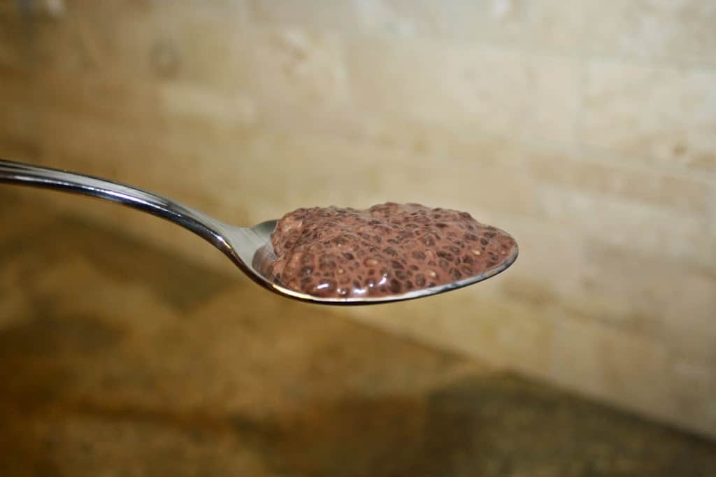 gluten-free chocolate almond milk chia seed pudding on a spoon