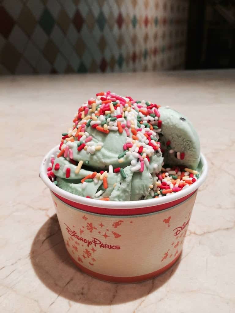 gluten-free mint-chip ice cream with sprinkles in a cup, from Clarabella's at California Adventure