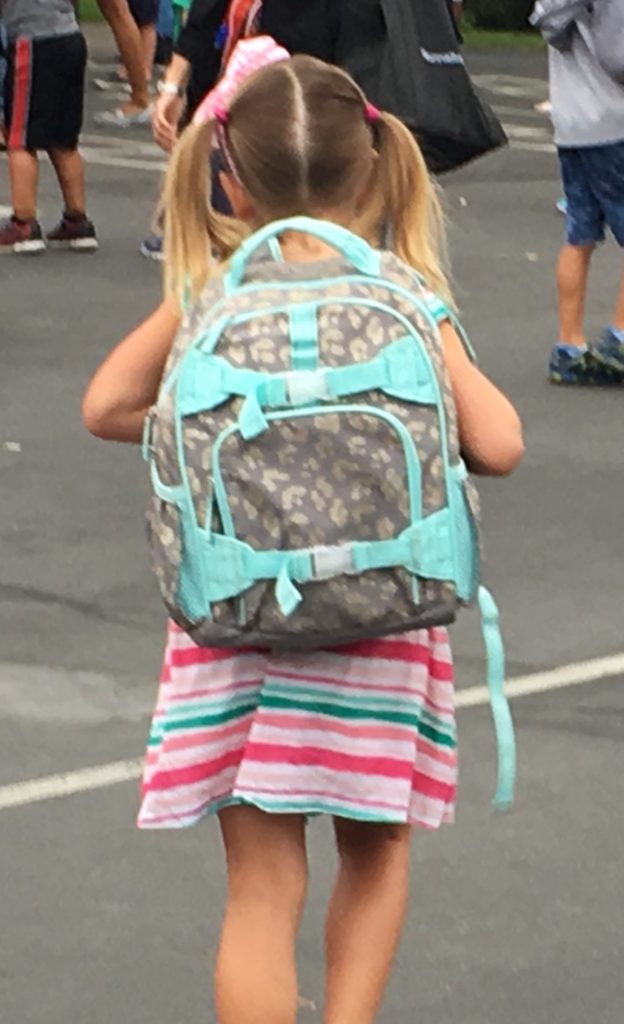girl with pig-tails and striped dress walking at school, backpack with grey sparkle cheetah pattern and aqua accents is the focal point