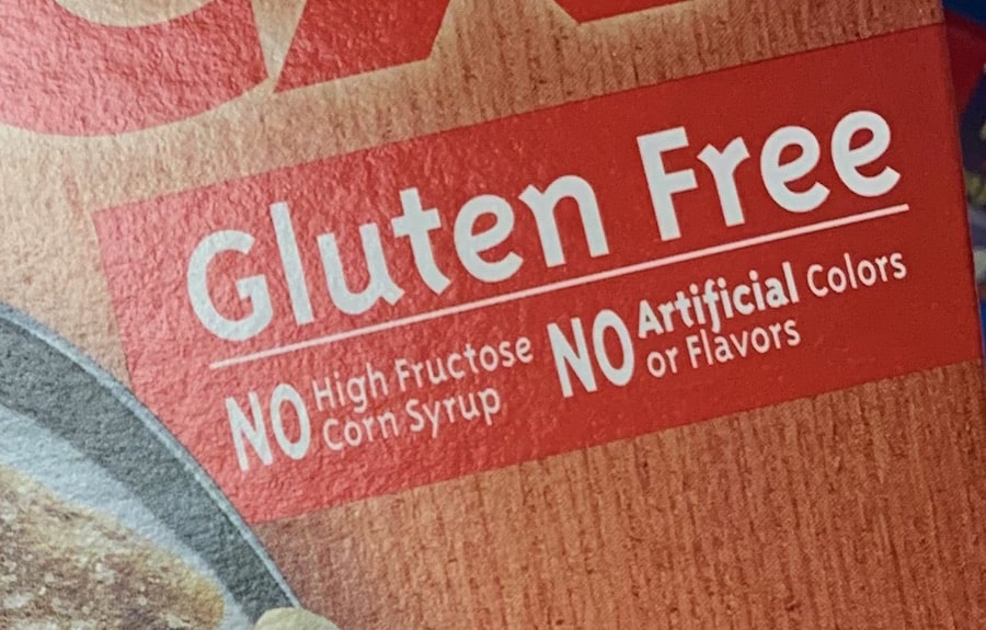 Gluten-Free label on food box, also states no high-fructose corn syrup and no artificial colors or flavors