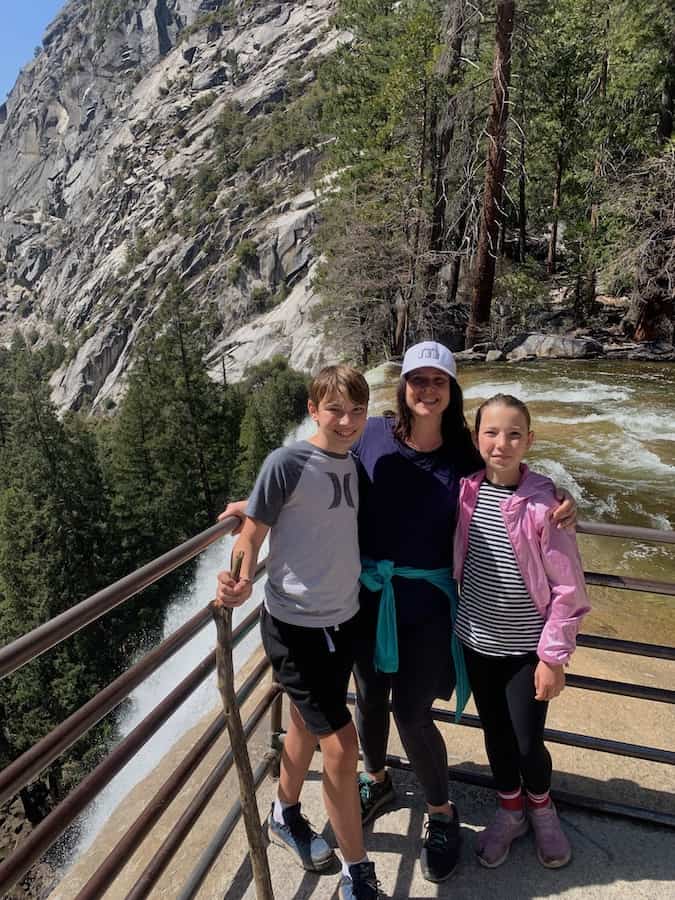 CJ, Heather & Miss E smiling together at the top of Vernal Falls