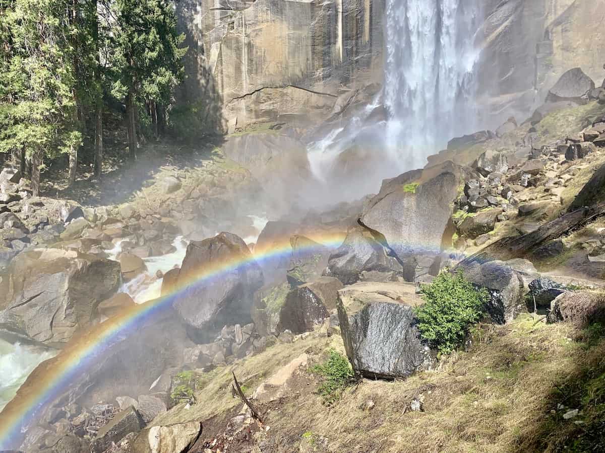 View of Vernal Falls in Yosemite National Park with a rainbow