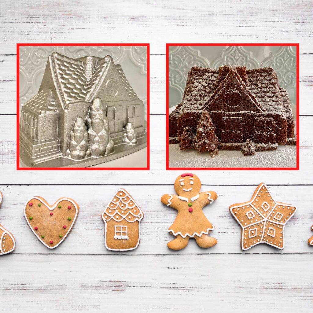 gluten-free gingerbread house cake in a red box top right, gingerbread house bund cake mold in a red box top left, gingerbread cookies along the bottom (heart, house, girl, star)