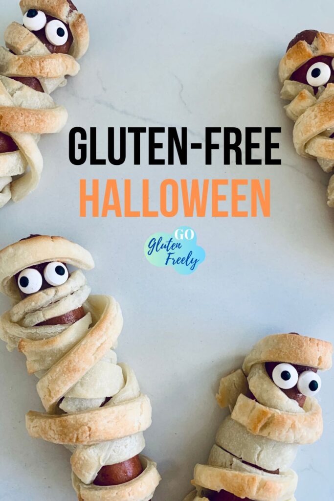 gluten-free hot dog mummies, hot dogs wrapped in gluten-free pastry dough with candy googly eyes