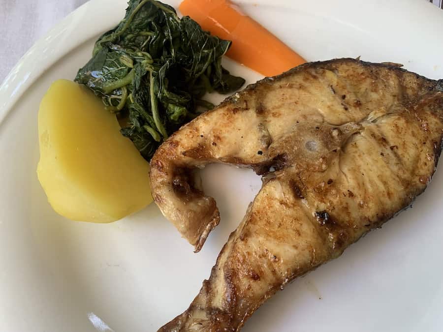 gluten-free grilled fish, potato, greens & carrot