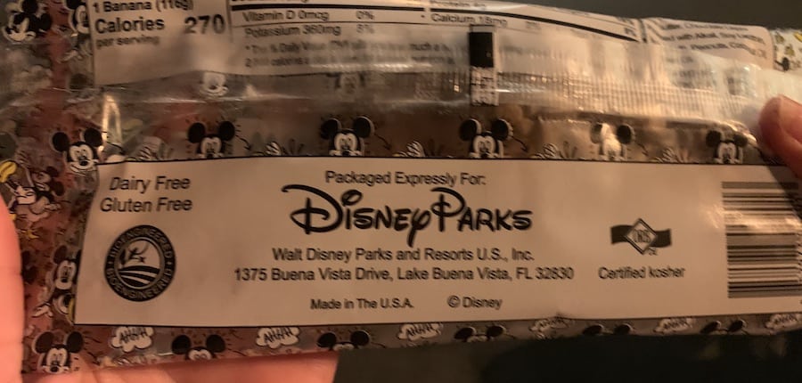 the back of the chocolate covered banana, which reads "packaged exclusively for Disney Parks" and notes that it is gluten-free