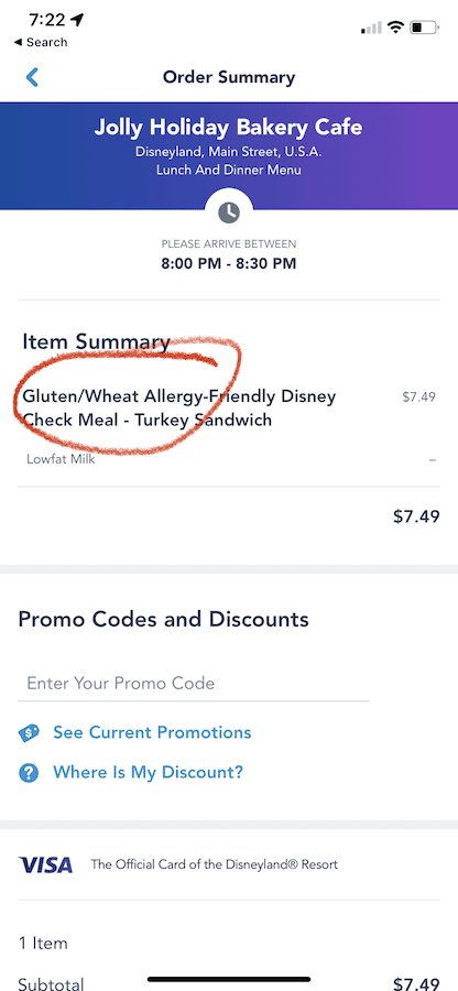 Mobile order screen shot with "gluten/wheat allergy friendly Disney check meal" circled in red