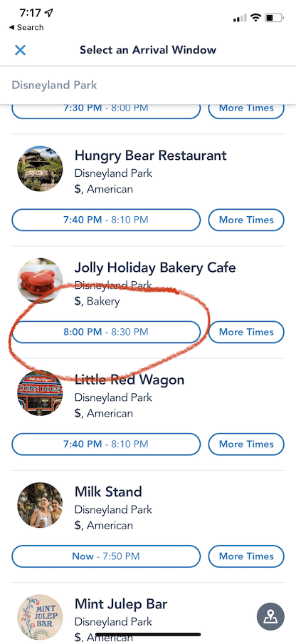 Mobile order screen shot with "8:00pm-8:30pm" circled in red