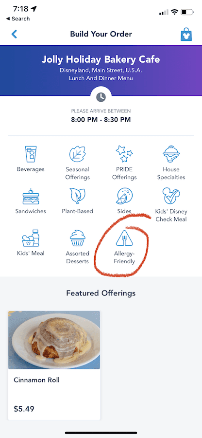 Mobile order screen shot with "allergy friendly" circled in red