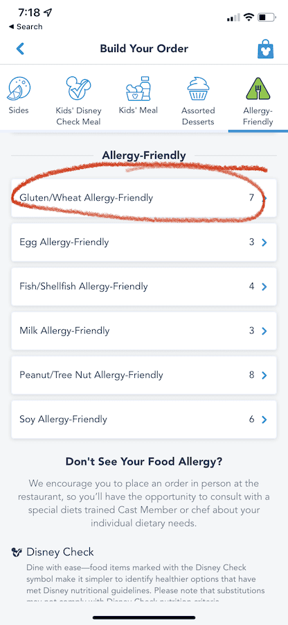 Mobile order screen shot with "gluten/wheat allergy friendlyl" circled in red