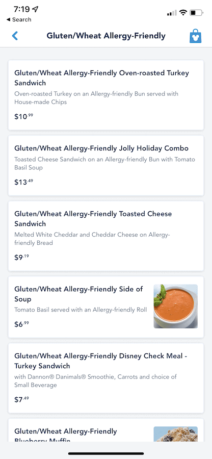 Mobile order screen shot with gluten-free menu options