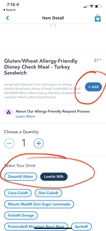 Mobile order screen shot with "select your drinks" and "add" circled in red