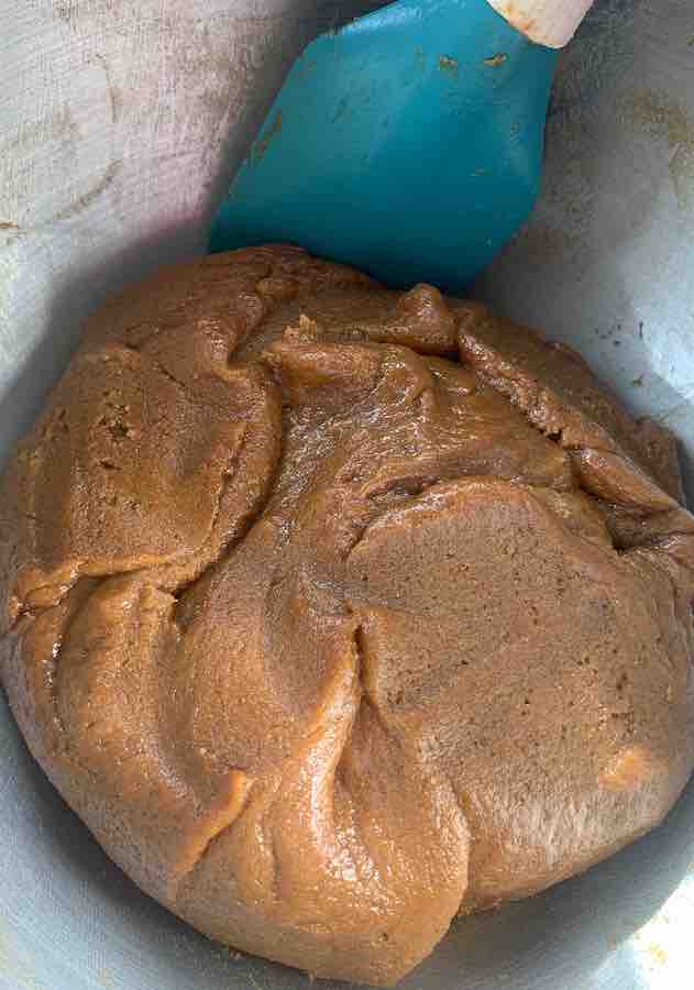 gluten-free gingersnap cookie dough in a mixing bowl with an aqua spatula