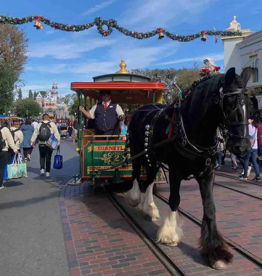 Disneyland castle with Christmas decorations, Mickey Mouse shaped garland hanging above & a horse-pulled trolley in the foreground