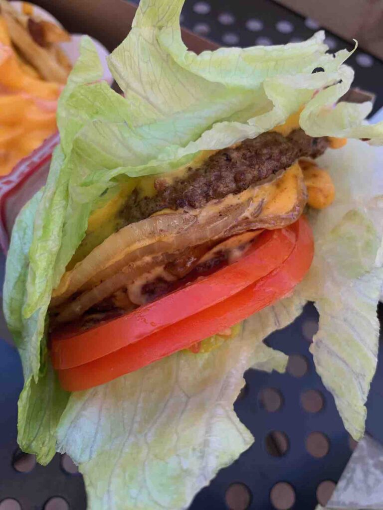 gluten-free, protein style double-double with whole grilled onions and tomatoes. In the background are animal style fries.