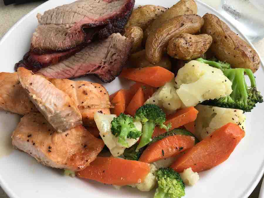 gluten-free steak, salmon, vegetables, and potatoes