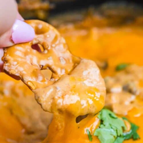 tortilla chip being dipped in nacho dip,