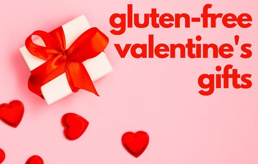 red text: gluten-free valentine's gifts, pink background, wrapped white box with red bow and three red decorative hearts