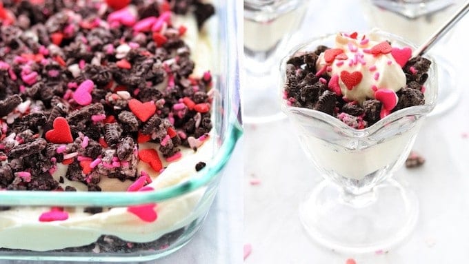 oreo dirt cake in a glass serving dish and in an individual glass ice cream bowl