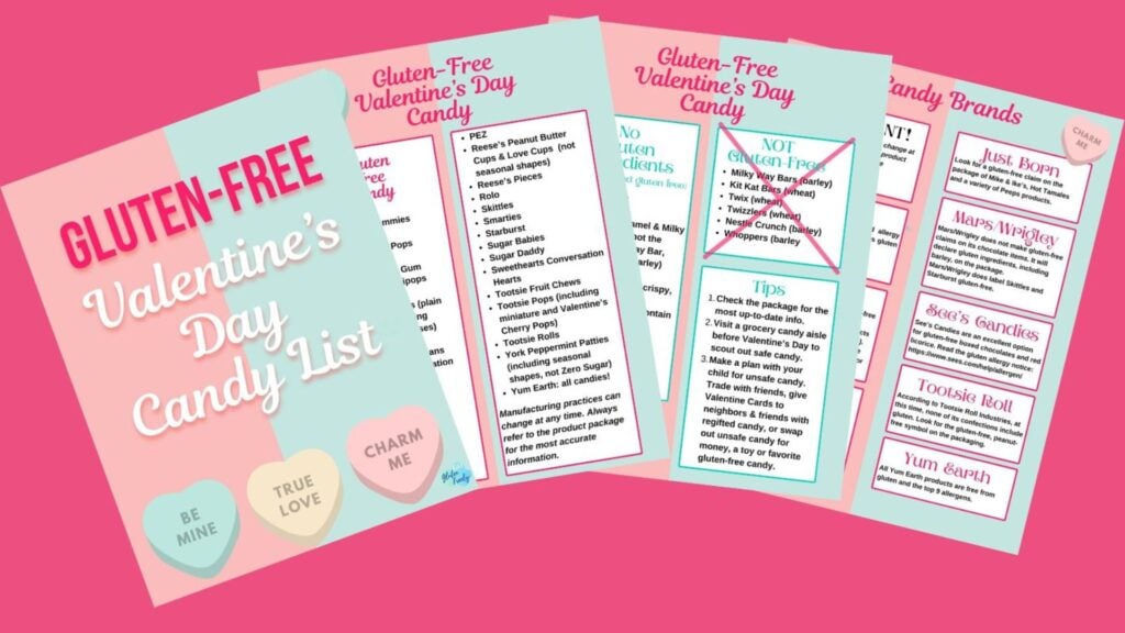 Bright pink background with four images of pdf pages titled "Gluten-Free Valentine's Day Candy List" with the remaining pages showing parts of the list of gluten-free candy and brand information.