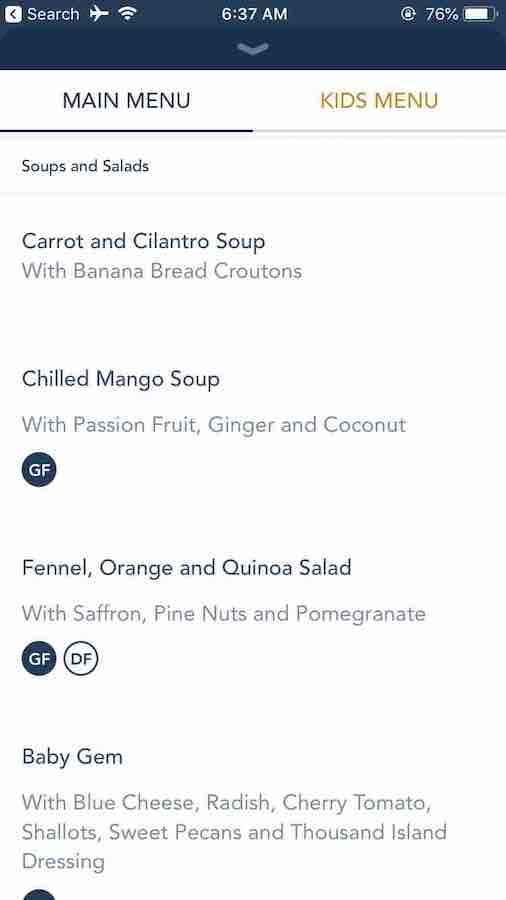Menu in the Disney Navigator app, lists carrot & cilantro soup, chilled mango soup (marked GF), and fennel, orange & quinoa salad (marked GF & DF), baby gem salad (part of GF logo showing underneath, but it's cut off the screen shot)
