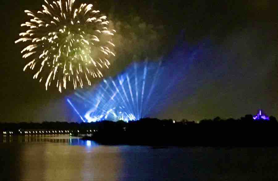 Fireworks over water.