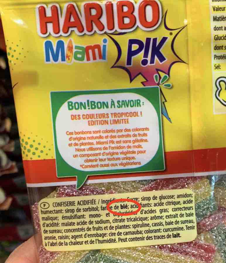 back of a Haribo candy bag showing ingredients in French... "ble" is written in bold and circled in red