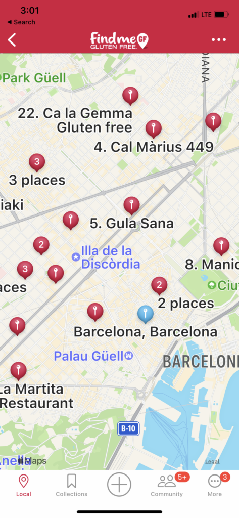a screenshot of the Find Me Gluten Free App, showing a lot of dedicated gluten-free restaurants in Barcelona