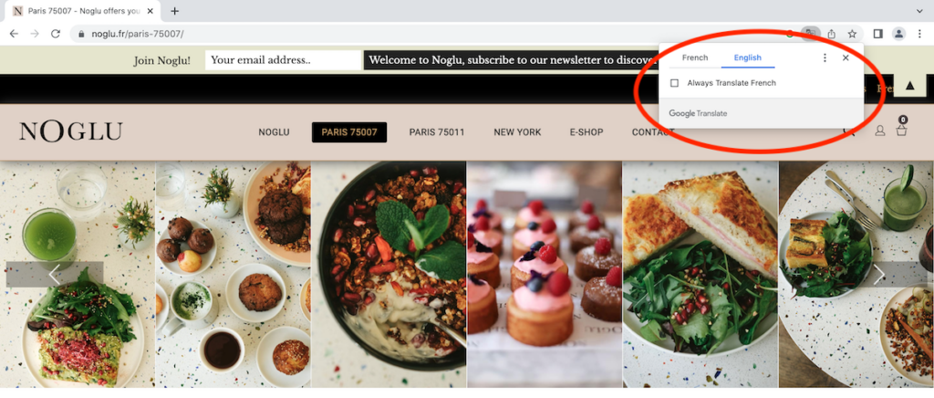 Noglu Bakery Website with images of gluten-free food and all text translated into English. A google translate box on the upper right, where English is selected, is circled in red to call attention to the Google Translate feature