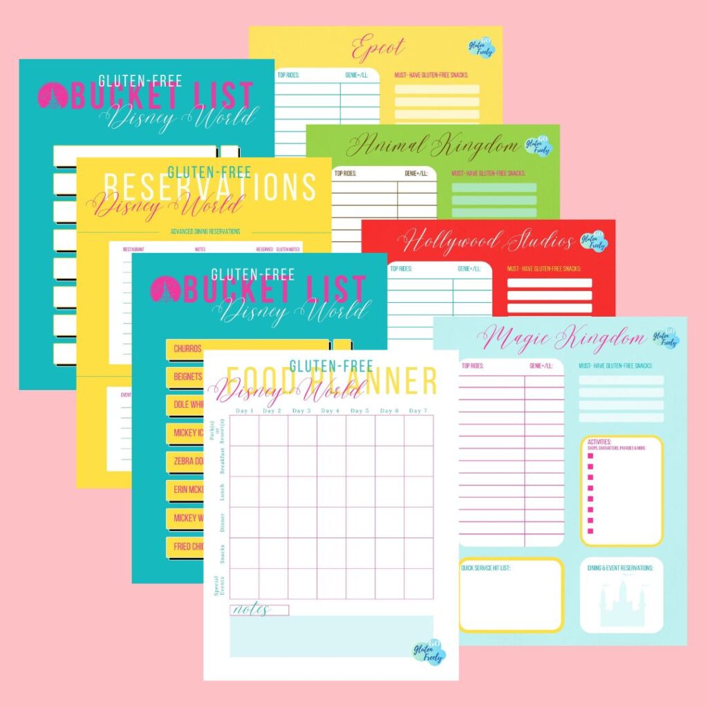 Pink background with 8 Printables: Bucket list (blank), reservations, bucket list (filled out) food planner week-at-a-glance, Epcot, Animal Kingdom, Hollywood Studios, Magic Kingdom