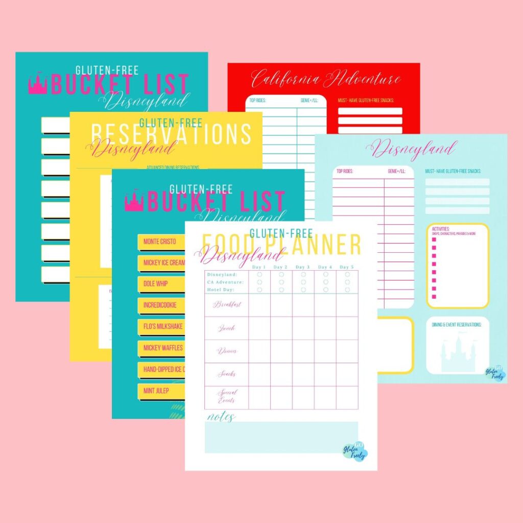 Pink background with 8 Printables: Bucket list (blank), reservations, bucket list (filled out) food planner week-at-a-glance, California Adventure, and Disneyland