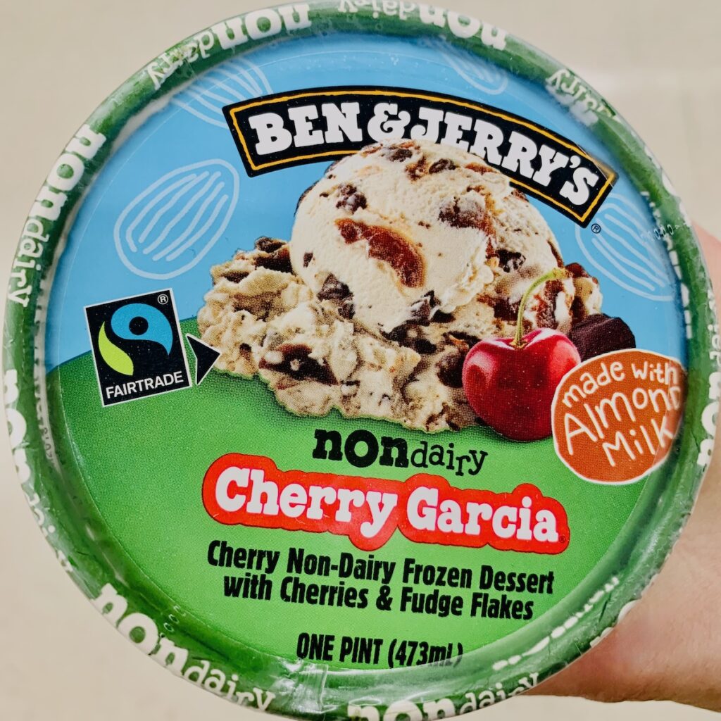 Top view of a pint of Ben & Jerry's Non-Dairy Cherry Garcia.