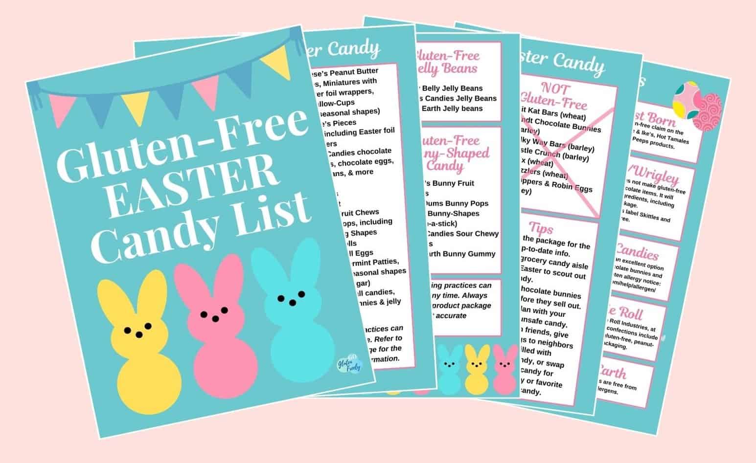 Light pink background with four images of pdf pages titled "Gluten-Free Easter Candy List" with the remaining pages showing parts of the list of gluten-free candy and brand information.