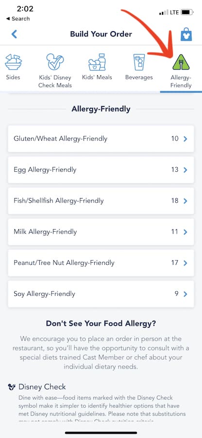 screen shot w/ red arrow pointing to triangle indicated "allergy menus" which pulls up menus for a variety of allergies