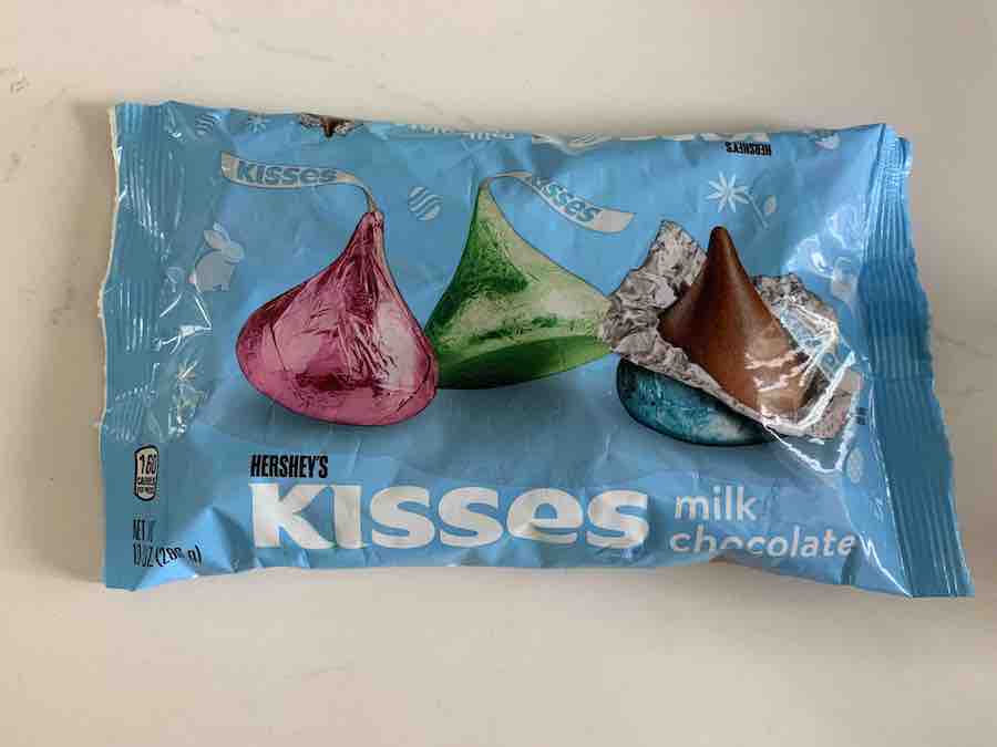 a package of Easter Hershey's Kisses in pastel foils