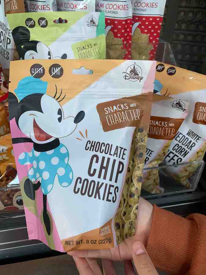 bag of "Snacks with Character: Chocolate Chip Cookies" with Minnie Mouse in a blue outfit on the front