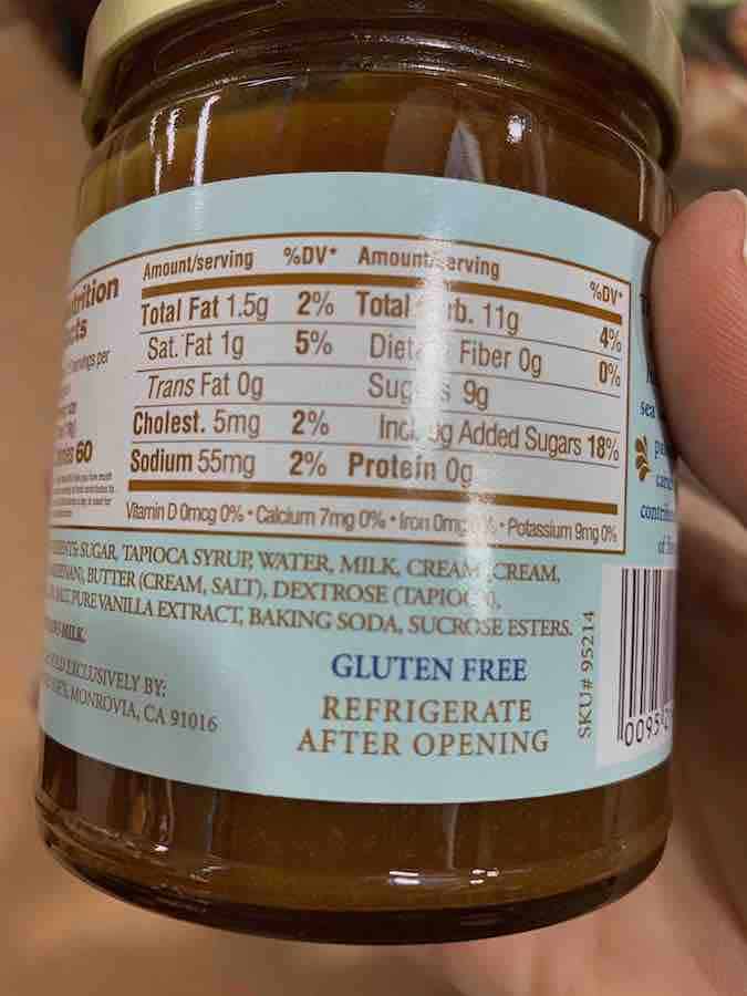 back of Trader Joe's Caramel Sauce label showing the product is gluten-free