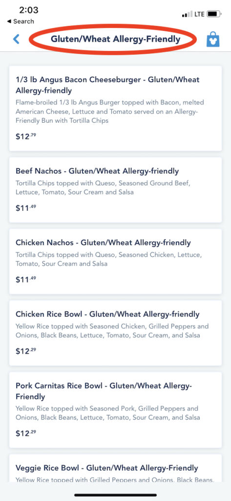screen shot with "gluten/wheat allergy-friendly" circled in red, and a selection of gluten allergy-friendly menu options below