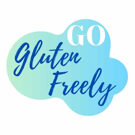 Text: "Go Gluten Freely" in a blue/green cloud
