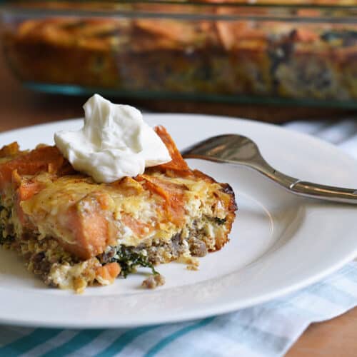 gluten-free Breakfast Casserole: Sausage & Sweet Potato with greek yogurt on top