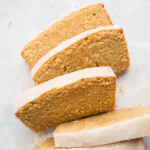slices of gluten-free lemon pound cake with icing