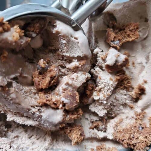 a scooper dipping into a tub of Gluten Free Chocolate Brownie Cake Batter Ice Cream