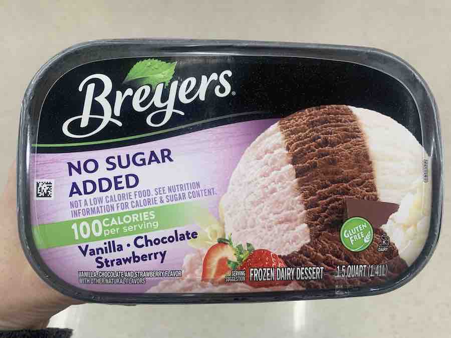 Breyers No Sugar Added Vanilla Chocolate Strawberry Ice Cream with gluten free icon (green circle with words "gluten-Free) on the top of the carton