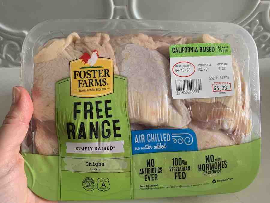 a package of Foster Farms Free Range bone-in chicken thighs