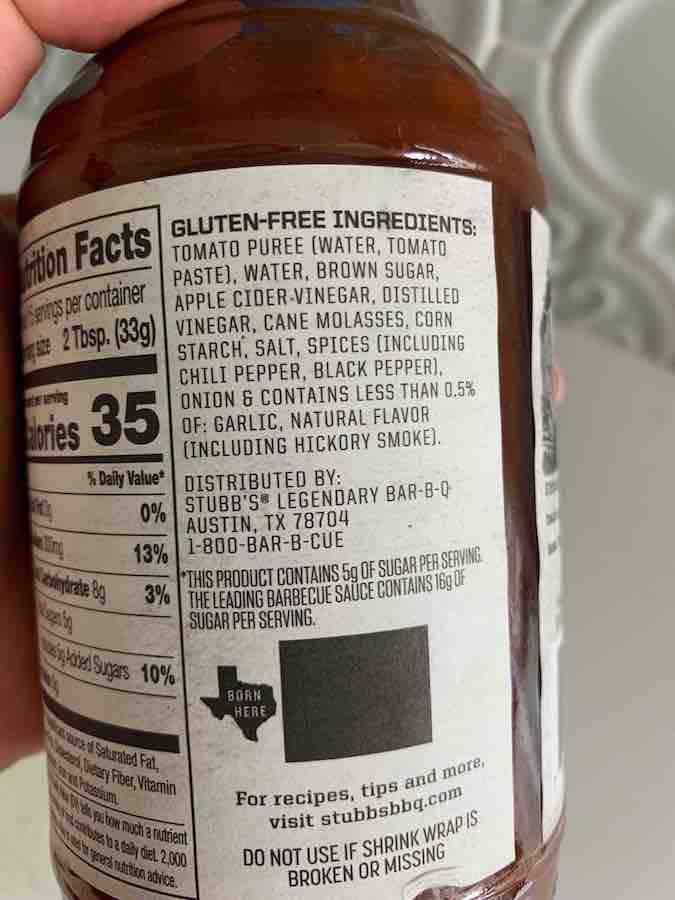 Side of barbecue sauce with label stating and listing "gluten-free ingredients"