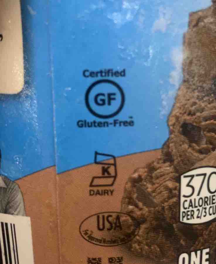 Ben & Jerry's pint, zoomed in on old-style gluten-free logo: a circle with "GF" in the center, "certified" above and "gluten-free" below