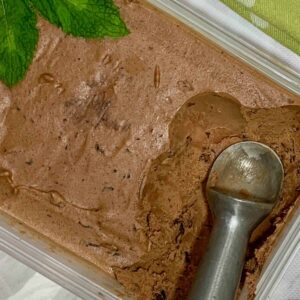 a scooper dipping into a tub of Double Chocolate Mint Chip Gelato Ice Cream