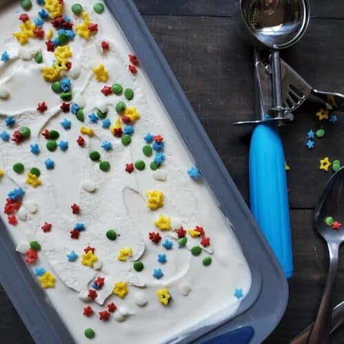 Gluten Free Birthday Cake Ice Cream with colorful sprinkles, an ice cream scooper with a blue handle on the table next to the ice cream tub