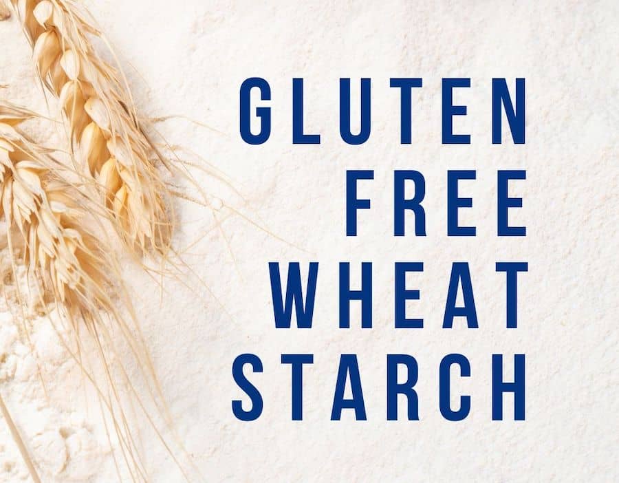 text in blue: "gluten-free wheat starch" with wheat grains and wheat starch as the background