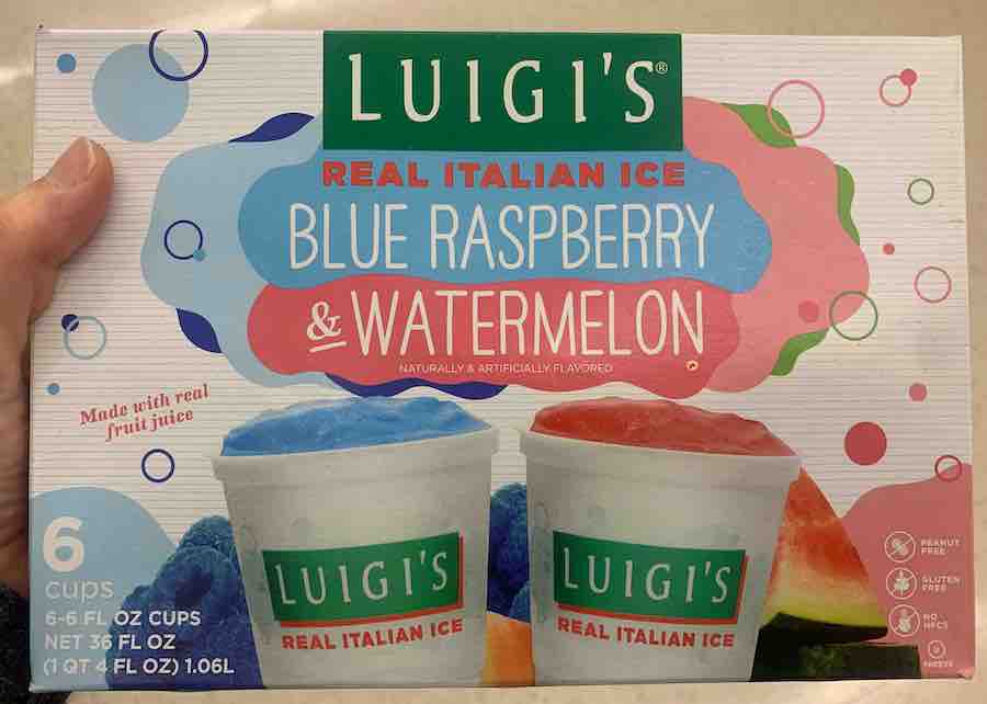 Luigi's Blue Raspberry & Watermelon Italian ice, "gluten-free" labeled on the front of package